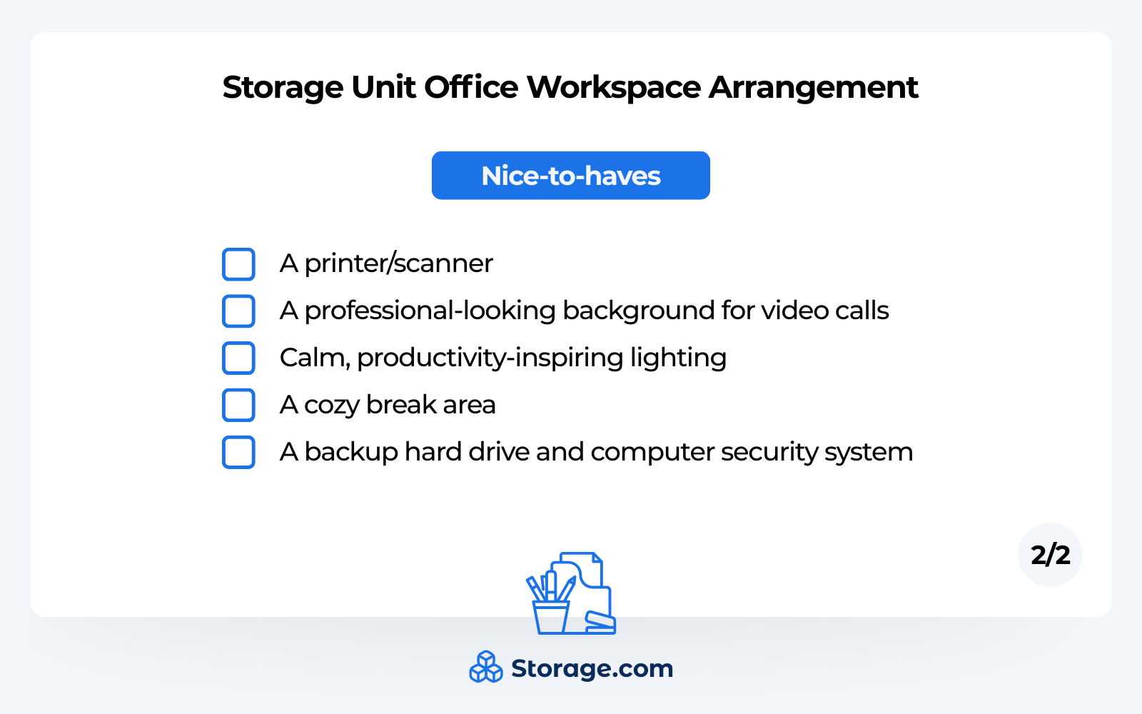 storage unit office checklist - nice to haves